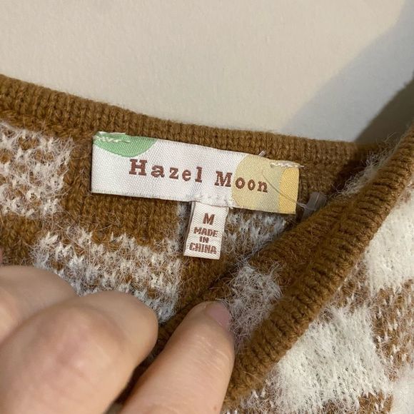 Hazel Moon Brown Cream Checkered Fuzzy Soft Cami Crop Top, Size Medium - Picture 4 of 10